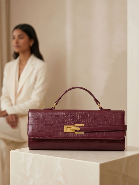 Handbags - Structured Top-Handle Croc-Embossed Bag in Burgundy